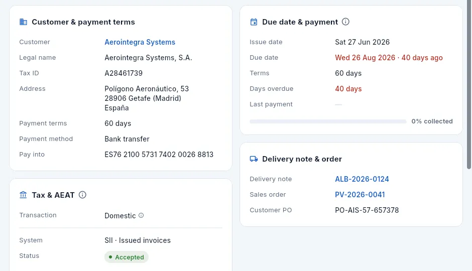 The summary cards: the customer and their terms, the due date and payment, the origin and the tax details.