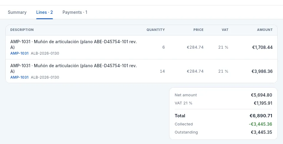 «Lines» tab: one line per delivery note line and the totals with VAT broken down.