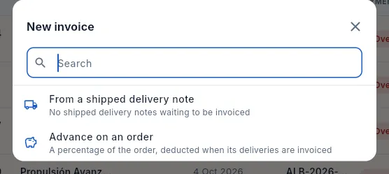 New invoice: from a delivery note or an advance.