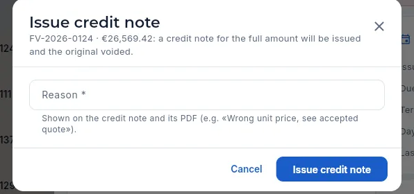 Issue credit note: the reason and the button that issues the credit note.