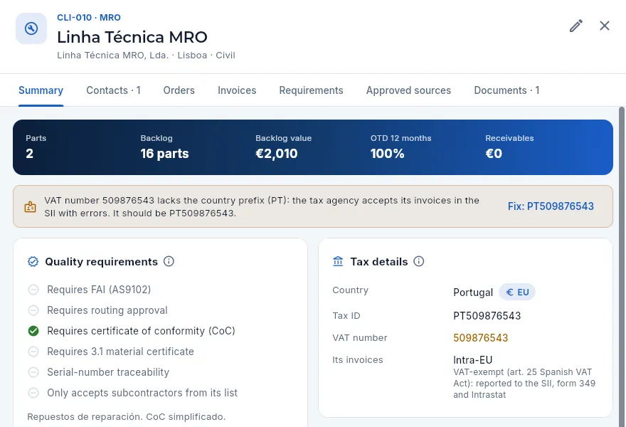 The customer record, opened from the tax record: the warning and the one-click fix (not saved).