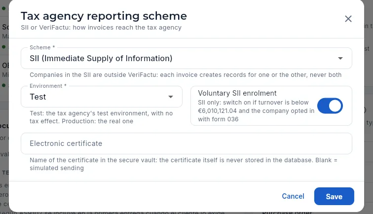 The regime with the AEAT, in Settings (administrator only; not saved).