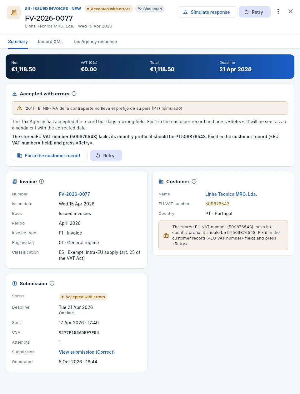 Record accepted with errors: what the AEAT answered and how to fix it.