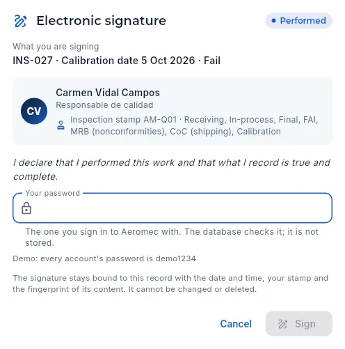 The signature of INS-027's calibration (not signed).