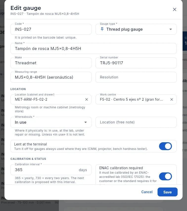 Edit gauge (INS-027), the top part: identification and location (not saved).
