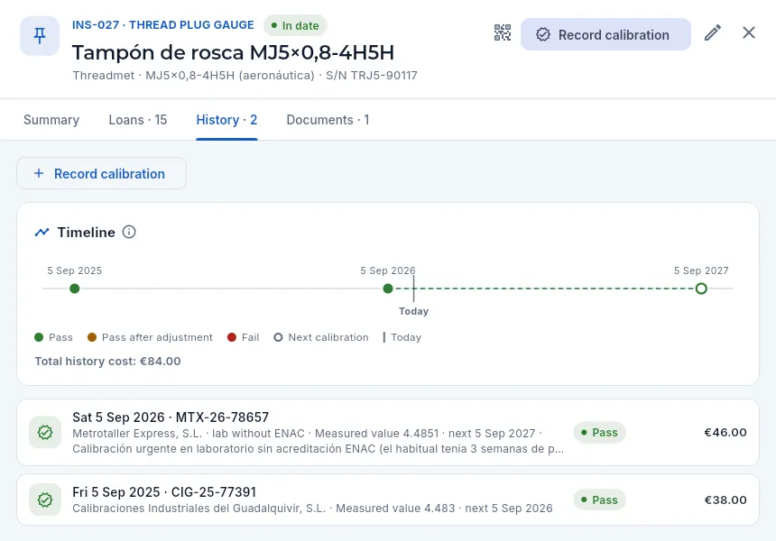 The History tab of INS-027: its calibrations on a timeline.