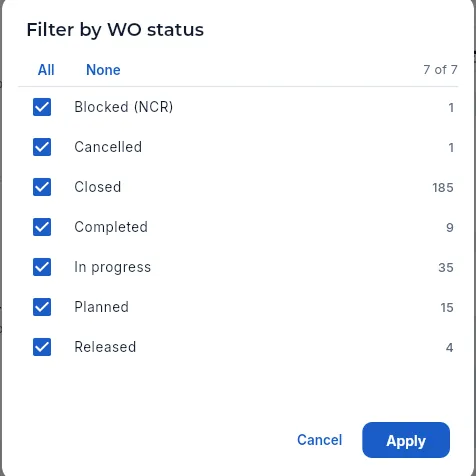 Filter by «WO status».