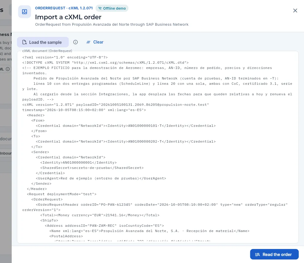 The import panel with the sample order loaded.