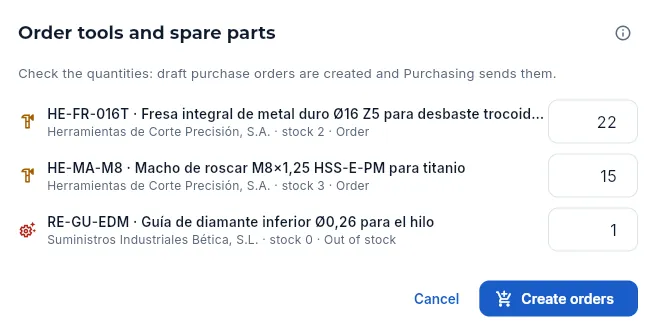 Order what is missing (without creating the orders).