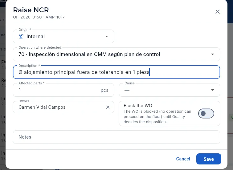 Raising an NCR from a rejected inspection: the work order, the part and the operation come preset (not saved).