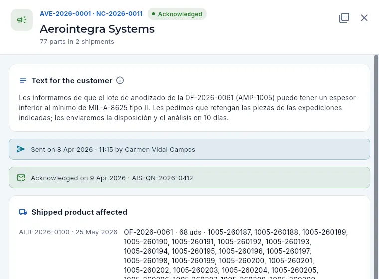 The escape notification of NC-2026-0011 to Aerointegra Systems: the text, the sending, the acknowledgement and the affected parts.