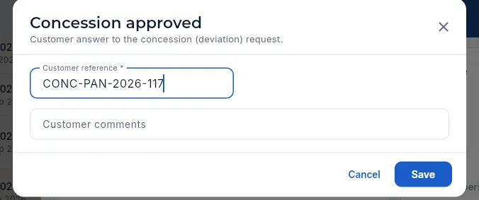 Javier (Management) records that the customer approves the concession (not saved).
