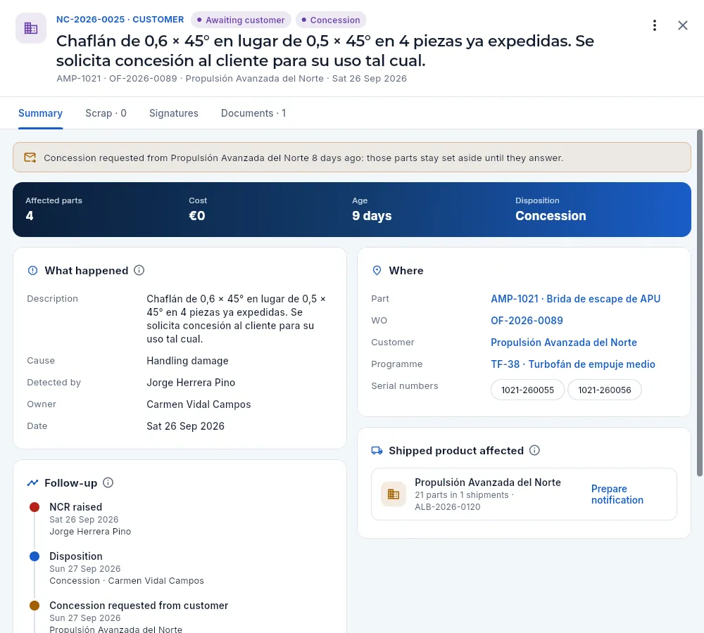 The customer NCR with the concession requested from Propulsión Avanzada del Norte.