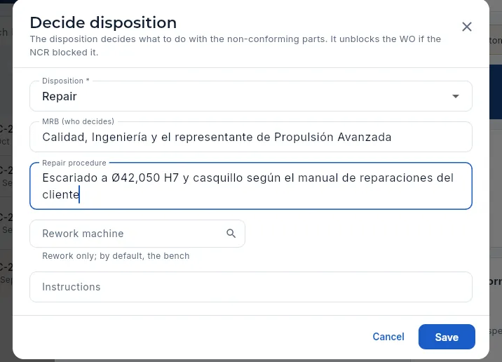 Deciding the disposition of NC-2026-0016: repair with its procedure, awaiting the customer's approval (not saved).