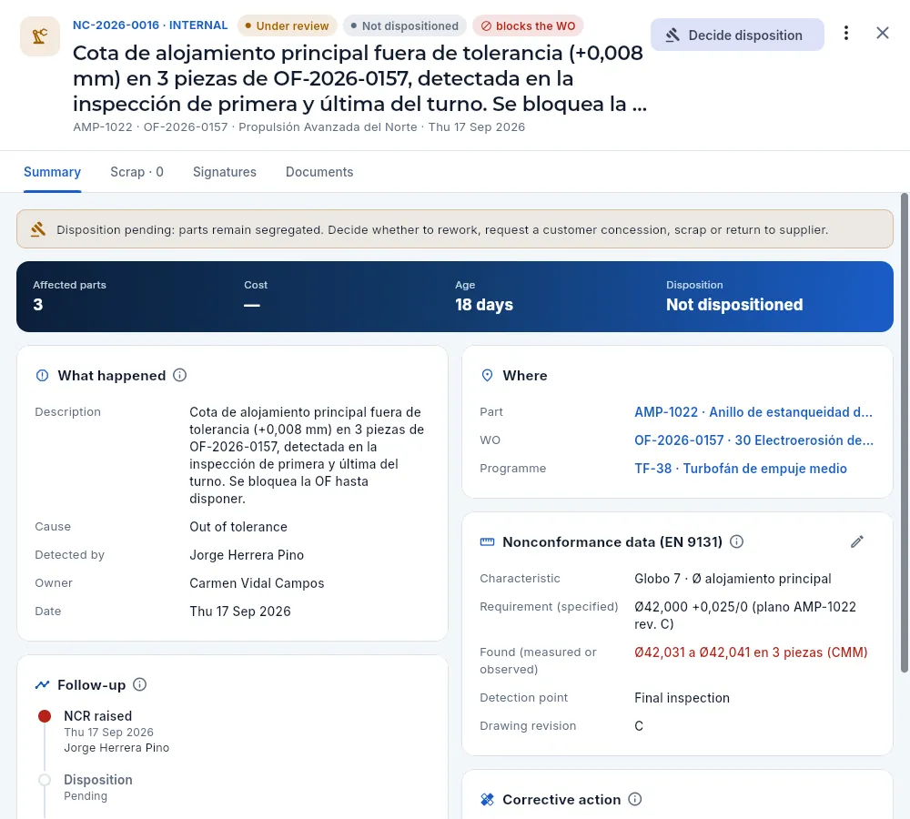 The record of NC-2026-0016, internal, which blocks its work order: still without disposition and with its EN 9131 data.