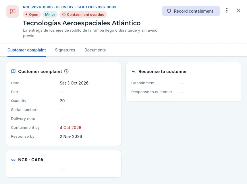 Tecnologías Aeroespaciales Atlántico's complaint about a delay: the containment is overdue.