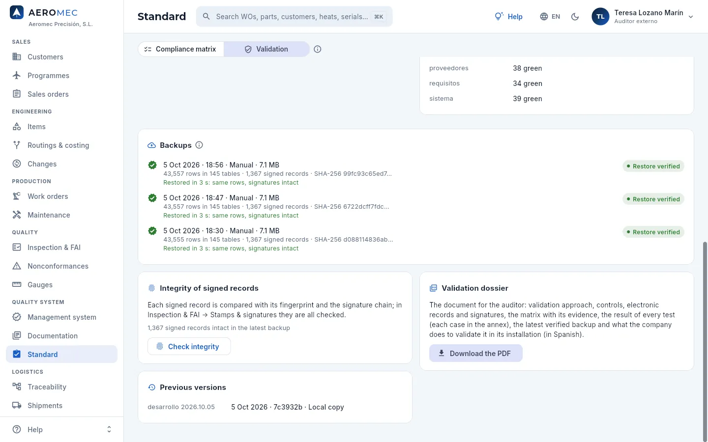 Standard → Validation: the backups, integrity and the dossier.