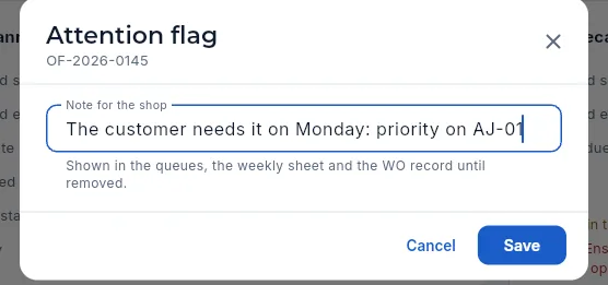 «Attention flag» with its note (not saved).