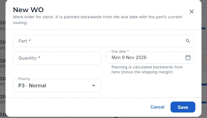 The «New WO» form (not saved).