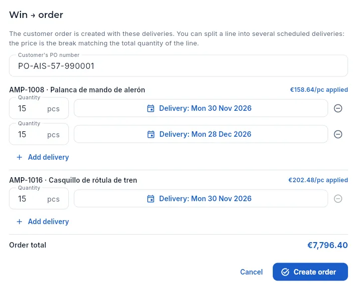 Winning a two-part quote: the first part split into two deliveries of 15 (not saved).