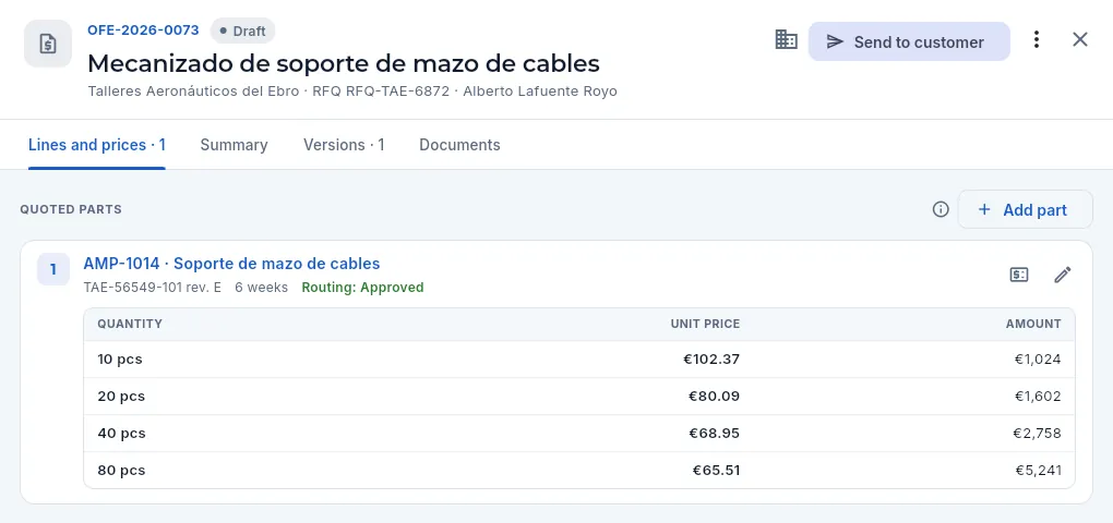 A draft quote as seen by Marta (Sales): prices yes, costs and margins no.
