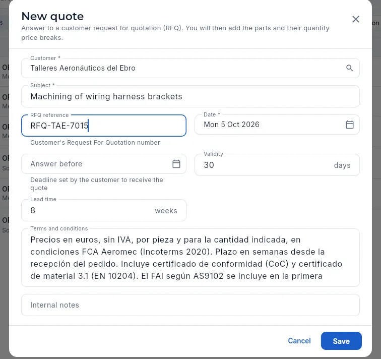 The «New quote» form with the details of an RFQ (not saved).