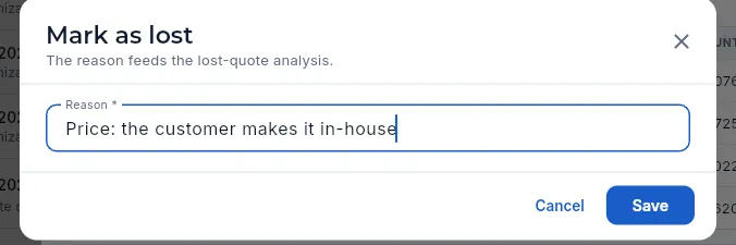 Marking a quote as lost (not saved).