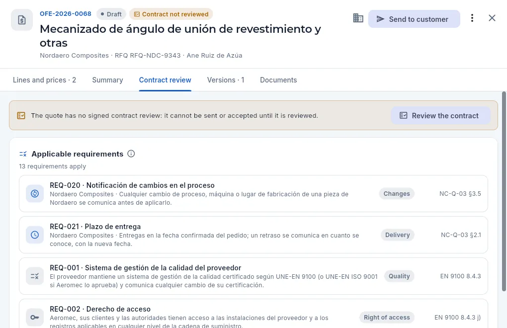 The «Contract review» tab of a draft quote for Nordaero Composites that has not yet been reviewed, as Marta (Sales) sees it.
