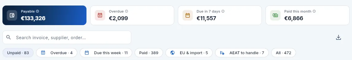 Payables seen by Inés (Purchasing): she sees the invoices and their amounts, but cannot record invoices or payments.