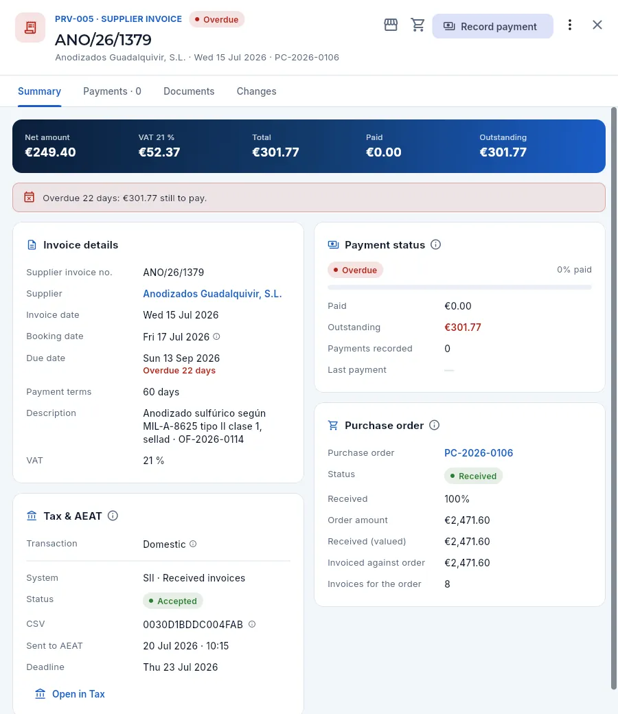 Record of an overdue supplier invoice: amounts, notice, details, payment status and check against the order.