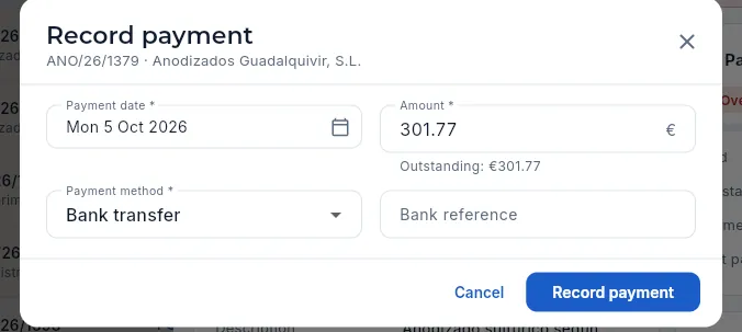 Record payment: the date and the outstanding amount are filled in.