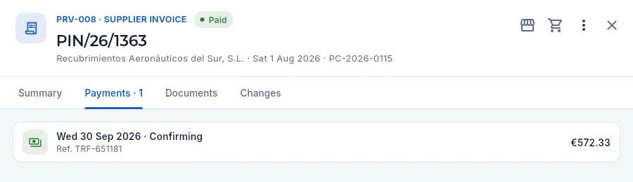 «Payments» tab of an invoice already paid.