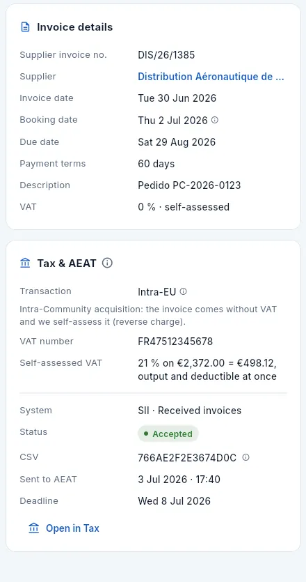 An invoice from Distribution Aéronautique de Métaux SAS (France): an intra-Community acquisition.