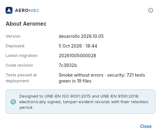 The «About Aeromec» dialog.