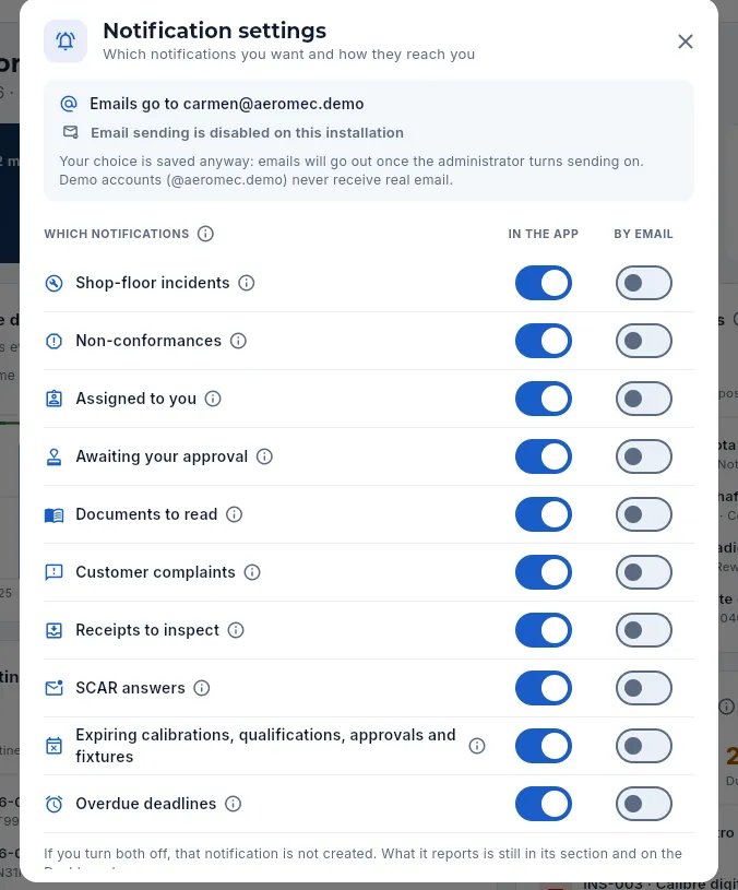 Carmen's notification settings.