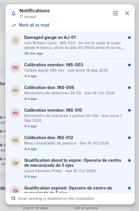 Carmen's notifications (Quality): new ones are highlighted and have a blue dot.