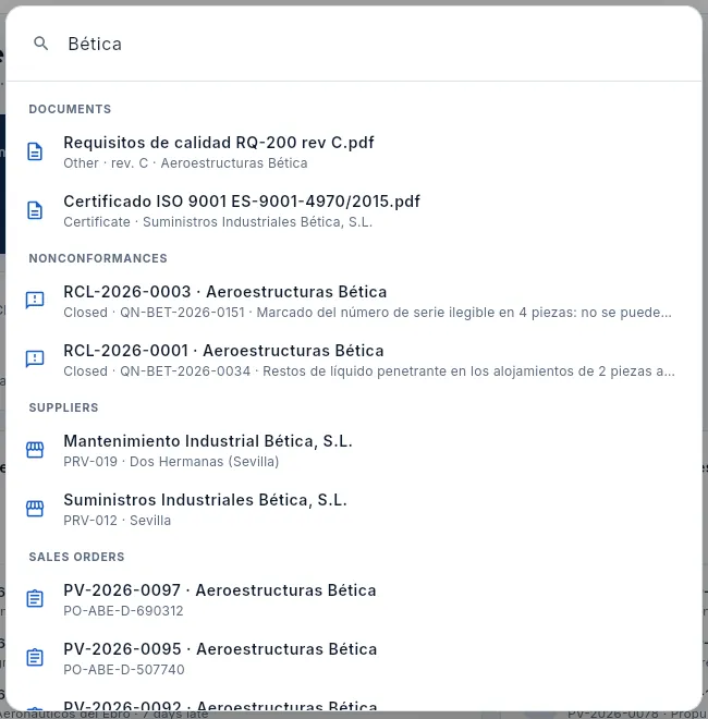 Searching for «Bética»: documents, customer complaints, suppliers, orders, shipments and, further down, the customer.