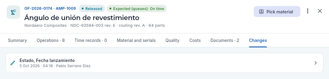The «Changes» tab of a work order that has just been released.