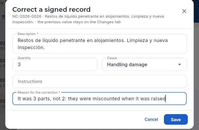 Correcting a signed NCR: only the fields that can be corrected and, mandatory, the reason.