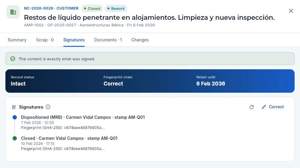 The «Signatures» tab of a closed NCR: the MRB disposition and the closure, both signed by Quality.