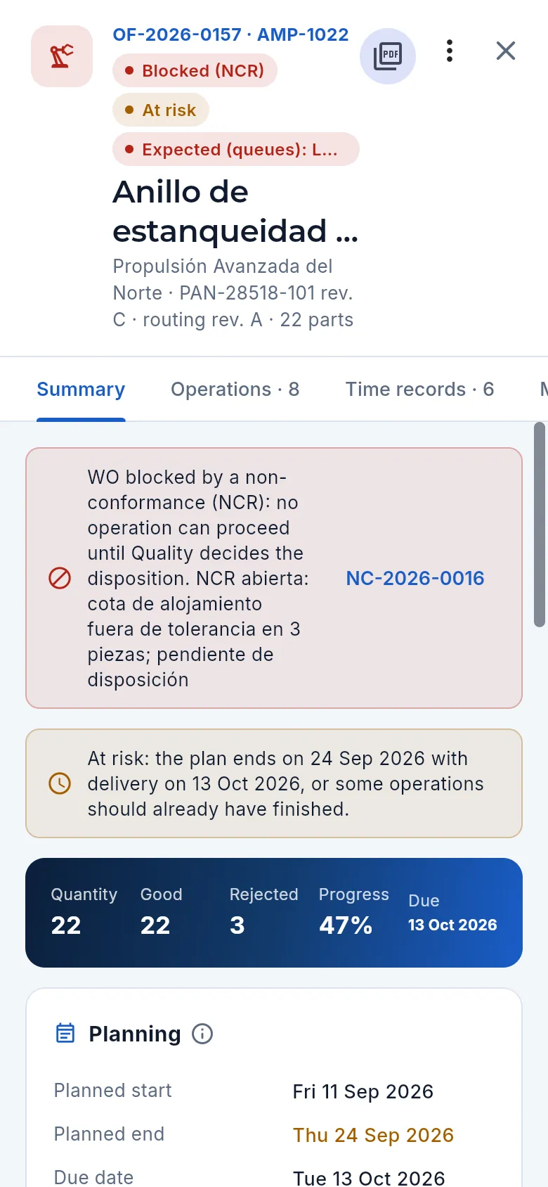 A work order's record on a phone, full screen.