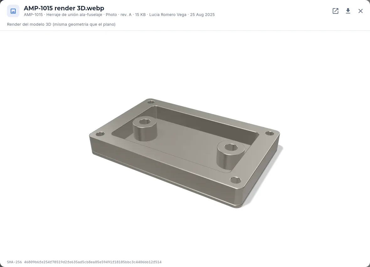 An image inside Aeromec: the 3D render of the part. PDFs open the same way, with the browser's viewer.