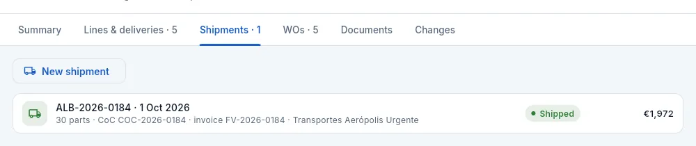 The «Shipments» tab.