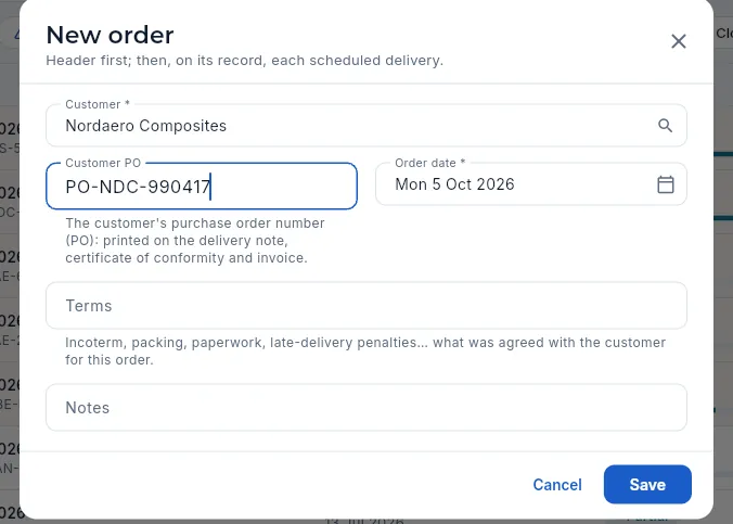 The header of a new order (not saved).