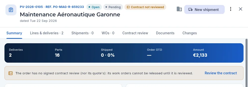 An order created without a quote and not yet reviewed (in the demo, the one from Maintenance Aéronautique Garonne).