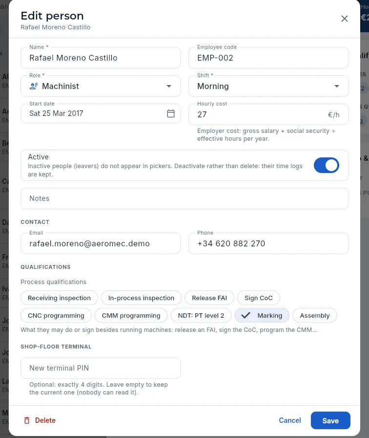 Edit person: role, shift, cost, contact, processes and terminal PIN.