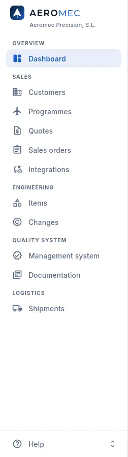 The menu of the Comercial profile.
