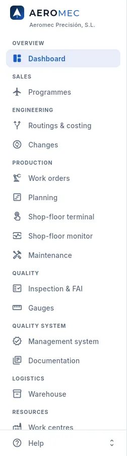 The menu of the Jefe de taller profile.
