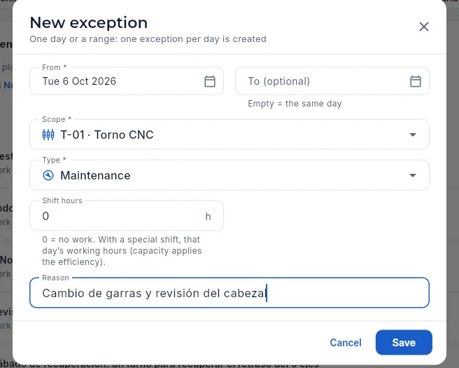 The «New exception» form: maintenance on T-01 (not saved).