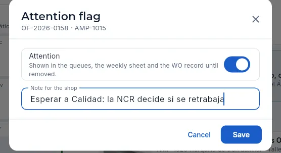 Flagging an operation for attention (not saved).